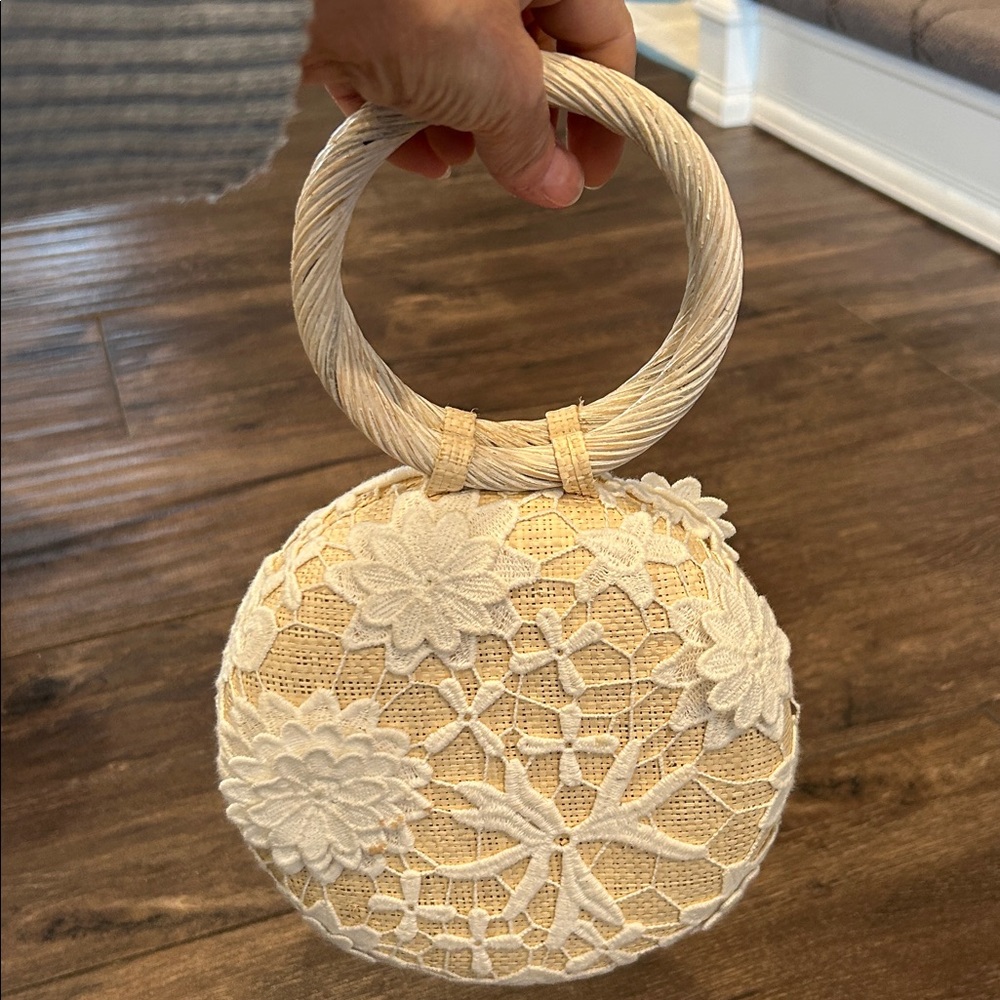 Flora Bella Crochet Appliqué Handcrafted Ivory Lace Round Straw Bag - Picture 3 of 4